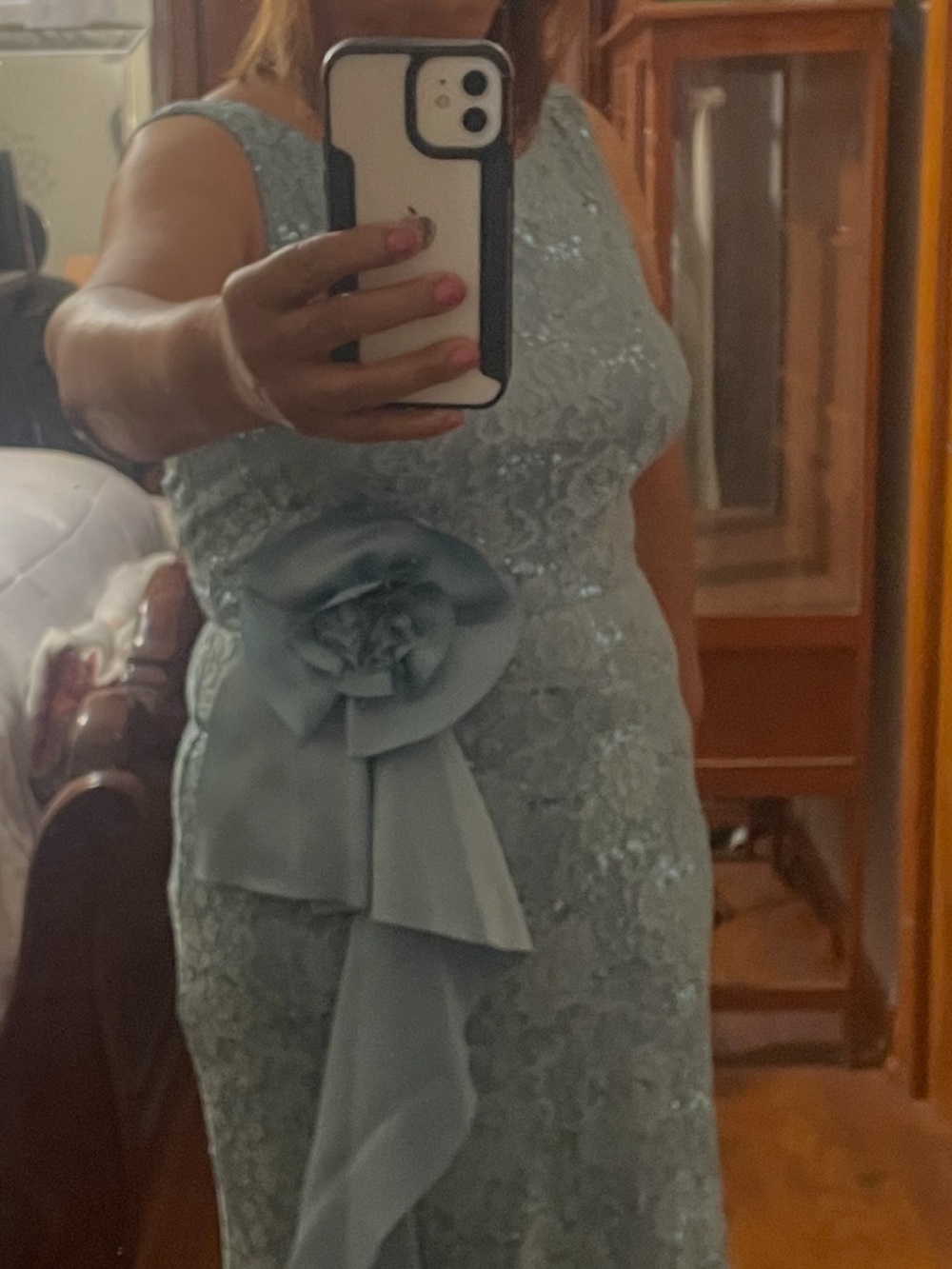 Jessica Howard Sage Lace Maxi Dress with Floral Sash Accent